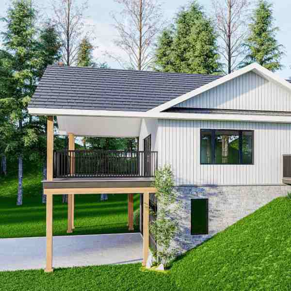 Covered deck and walkout side of the Beech Street bungalow