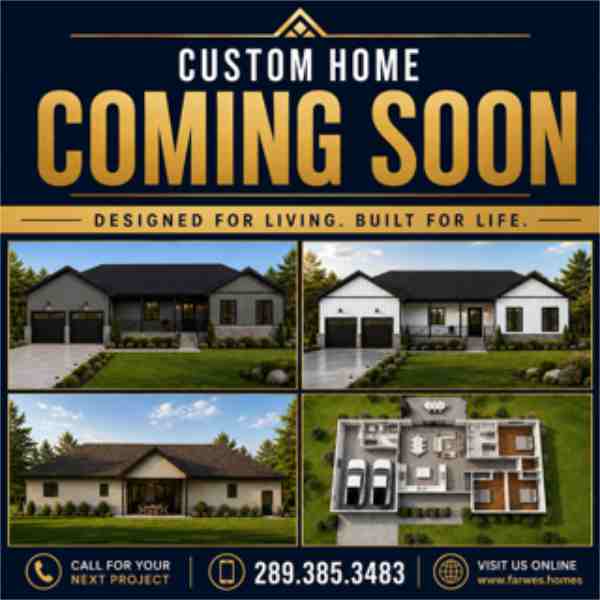 Farwes custom home coming soon flyer with four bungalow designs