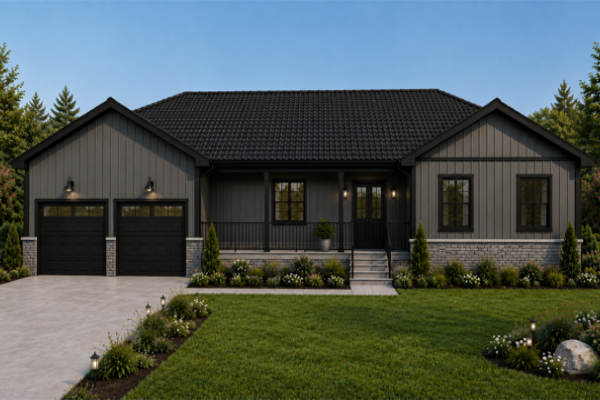 Coming soon Farwes bungalow render in dark grey siding