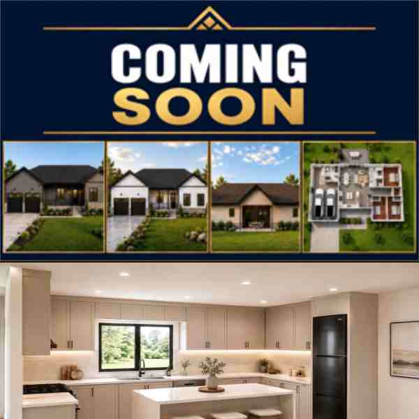 Farwes coming soon flyer with bungalow renders and a kitchen