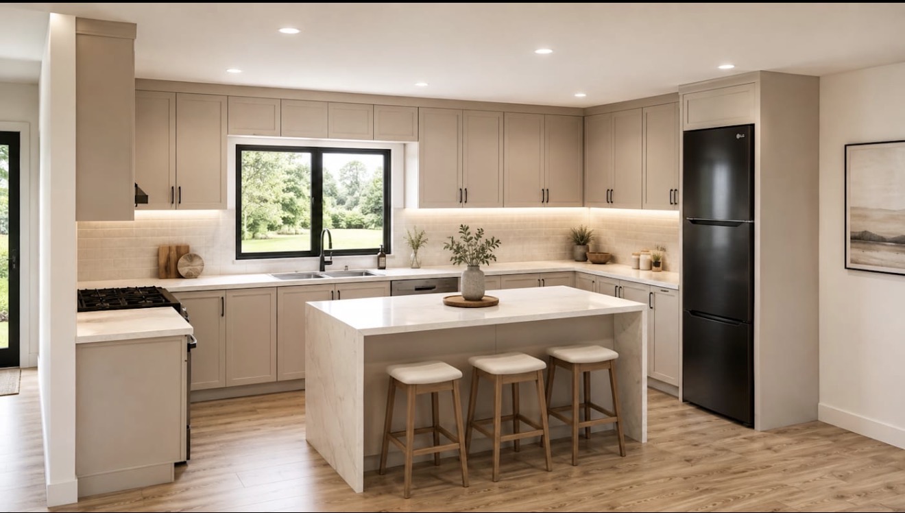Kitchen of a Farwes inventory home, with a centre island, beige cabinetry, and a garden window.