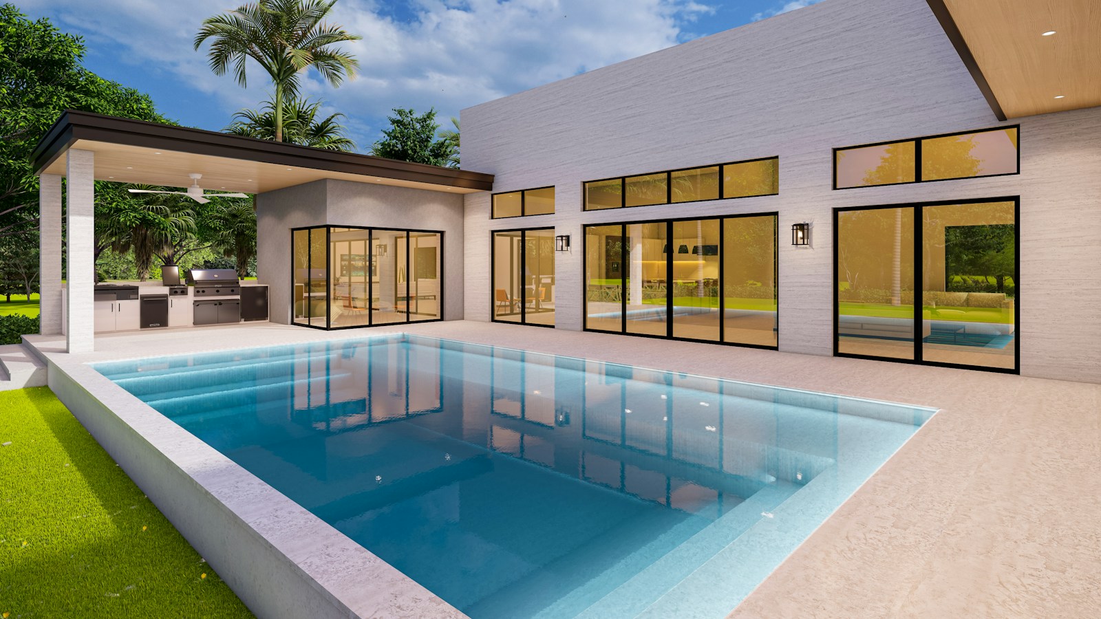 Modern geometric swimming pool beside a contemporary home