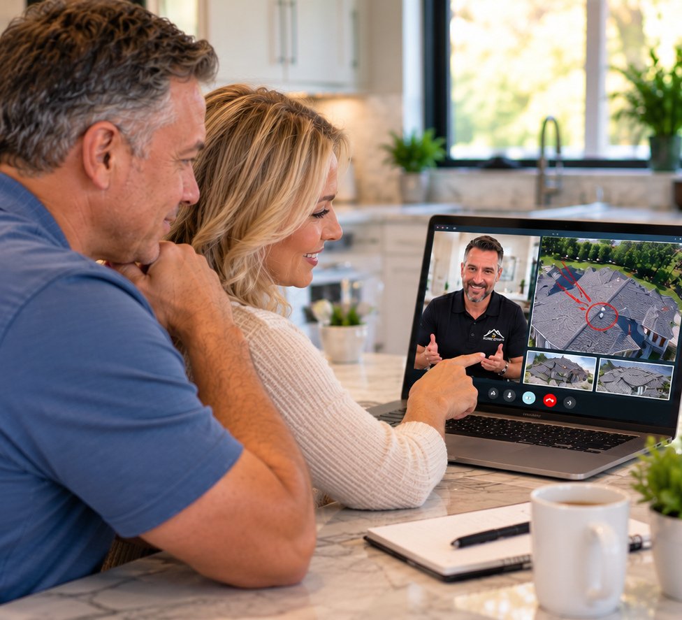 A homeowner reviewing her roof report on a video call