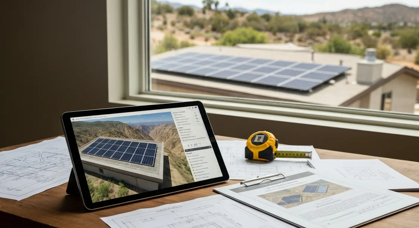 Engineer reviewing solar design on tablet