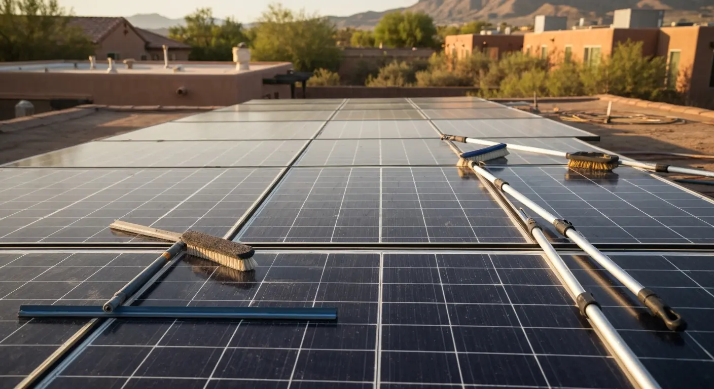 Technician cleaning solar panels on rooftop