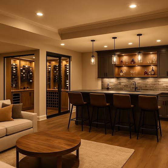 Wine wall lounge basement remodel in Fort Lee, NJ