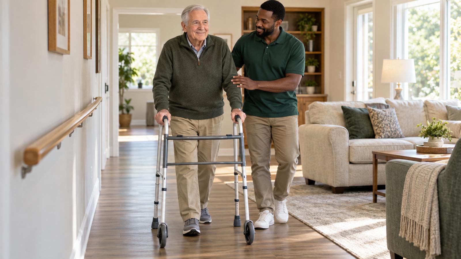 Caregiver providing safe walking support to an older adult at home.
