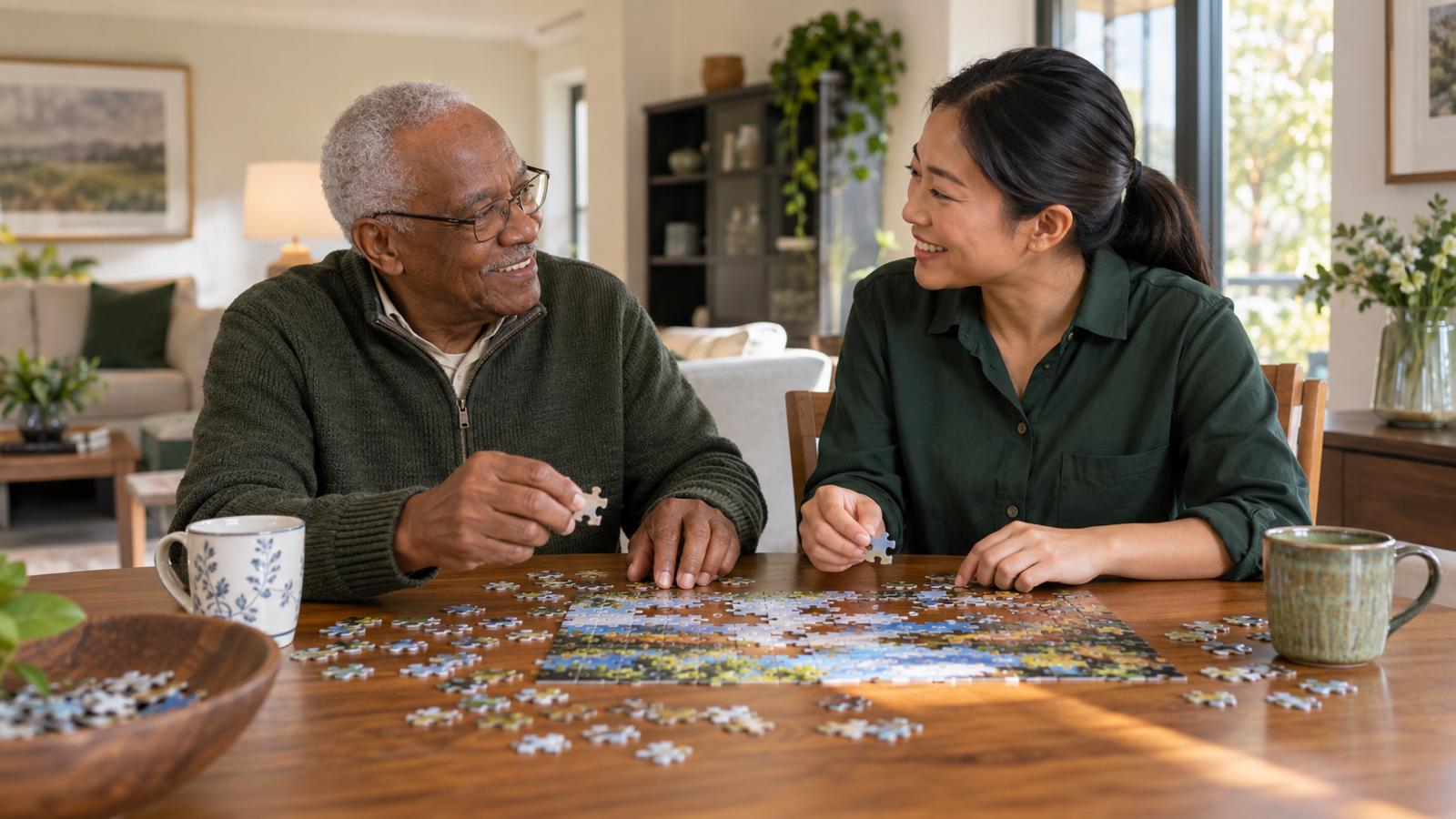 Caregiver preparing a meal with an older adult client at home.