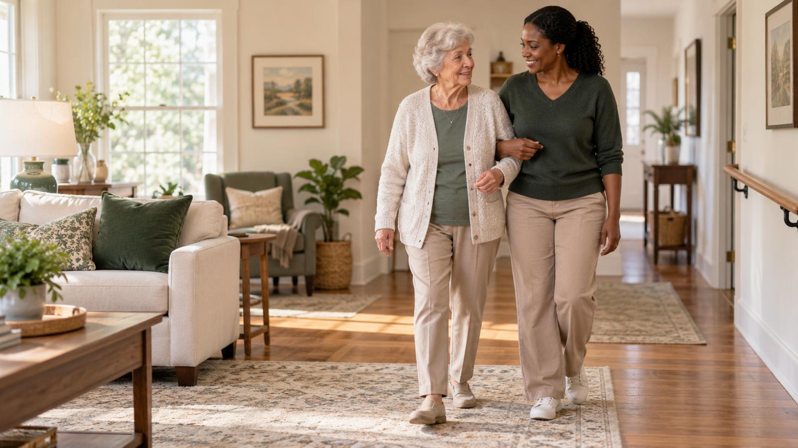 Caregiver and older adult client enjoying a puzzle and conversation at home.