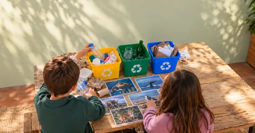Dos niños separan envases en cubos de reciclaje junto a fotos de animales marinos
