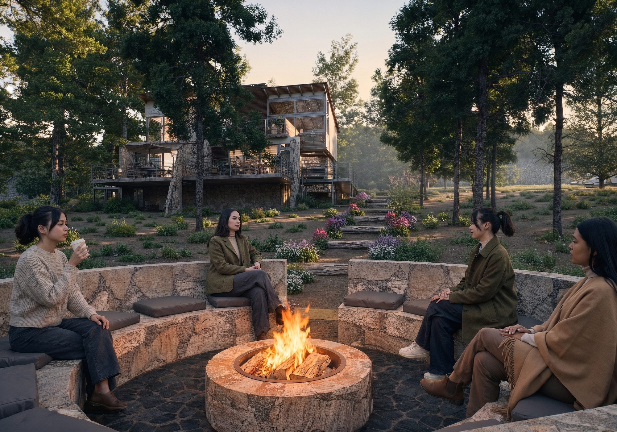 Firepit de piedra con amigas conversando