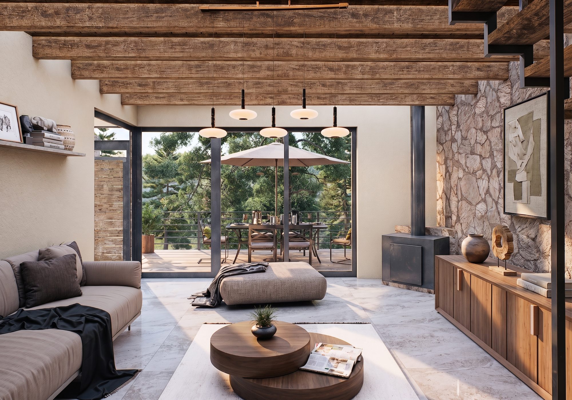 Sala con vigas de madera y salida a la terraza