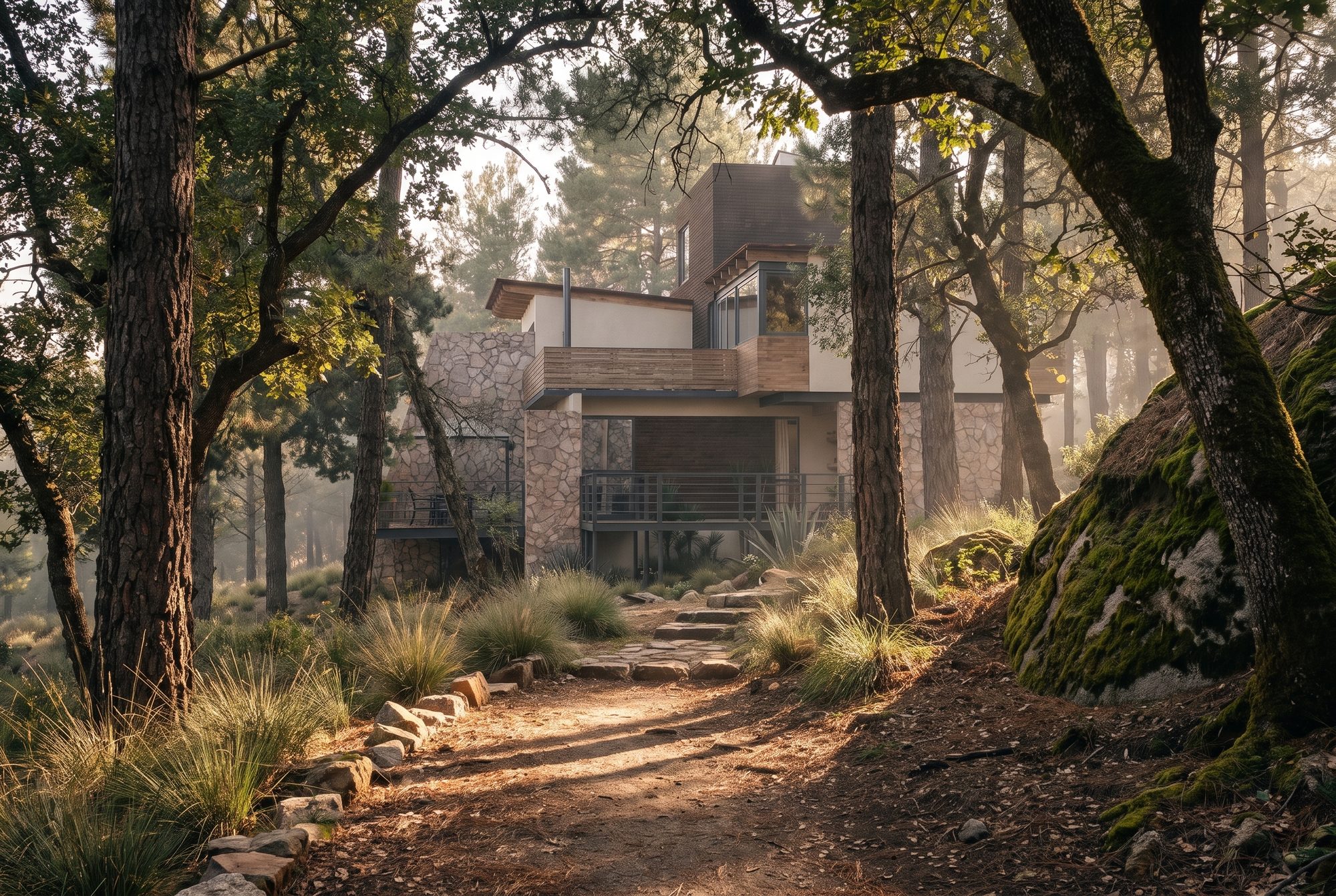 Sendero entre pinos que llega a la cabaña