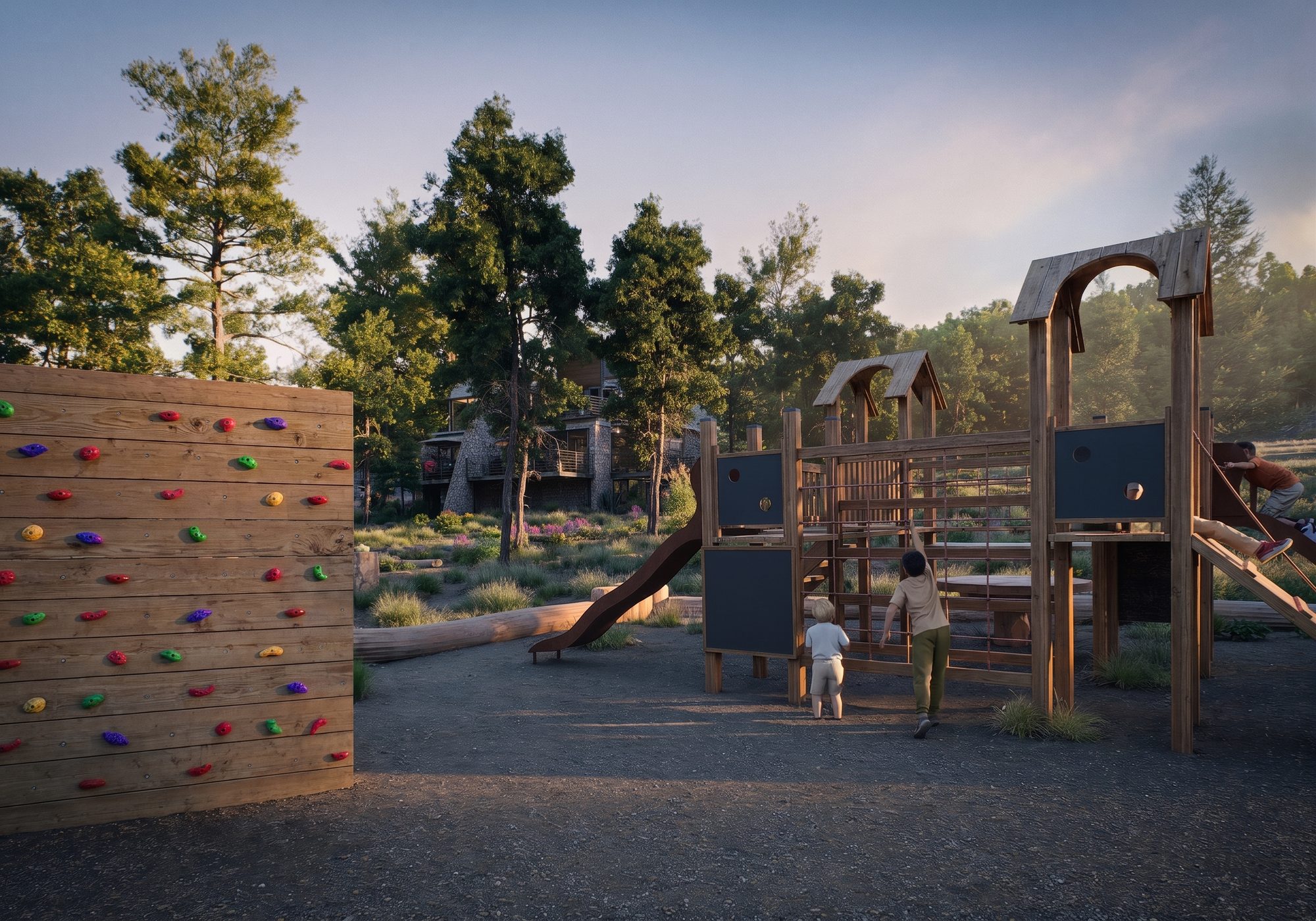 Juegos de aventura con muro de escalada entre pinos