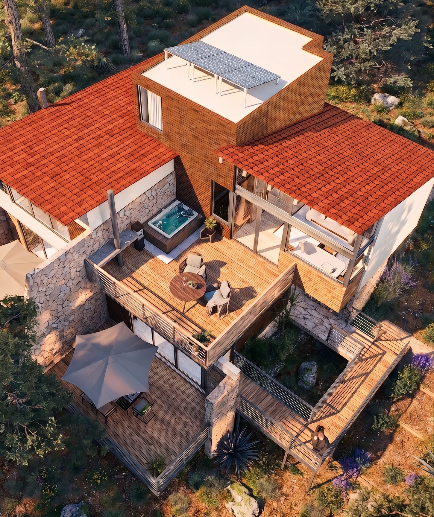 Vista aérea de la cabaña con terraza y jacuzzi