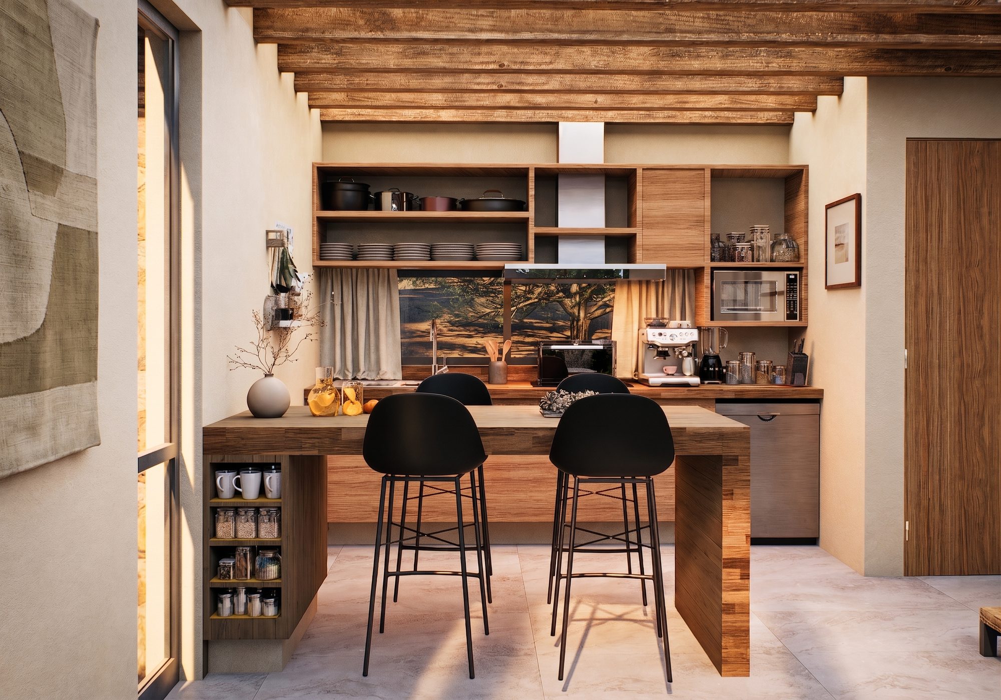 Cocina con barra de madera