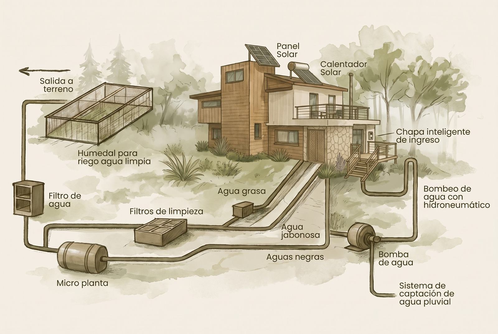 Ilustración del sistema de agua y energía de la cabaña