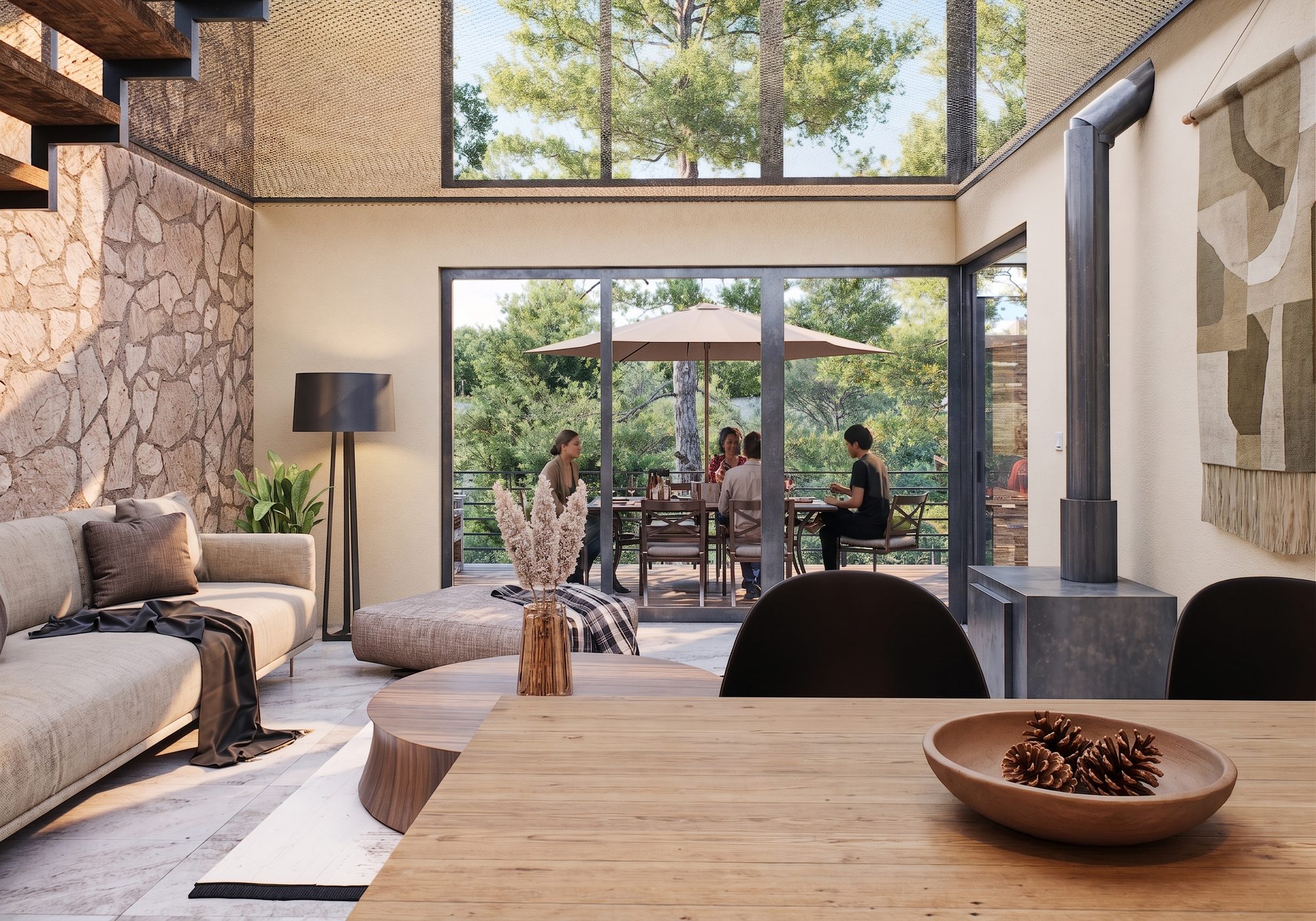 Sala y comedor abiertos al bosque