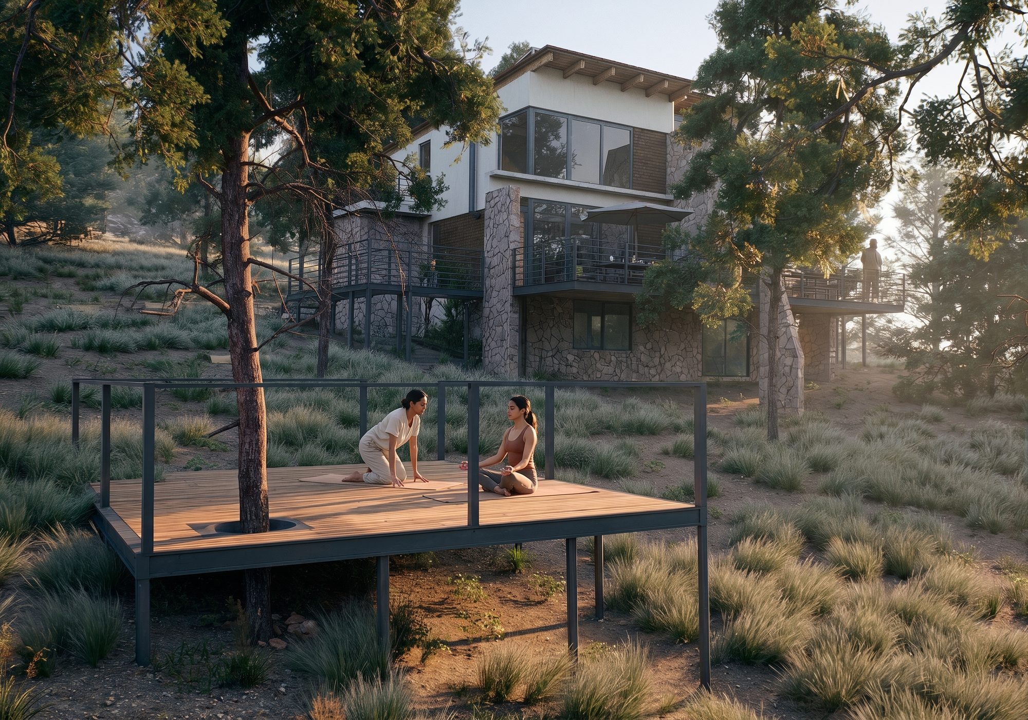 Terraza zen para yoga entre pinos