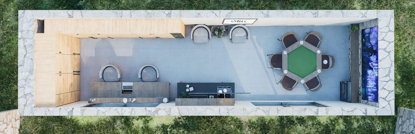 Planta del sótano con mesa de juegos, escritorios para trabajar, lockers de socios y proyector de cine