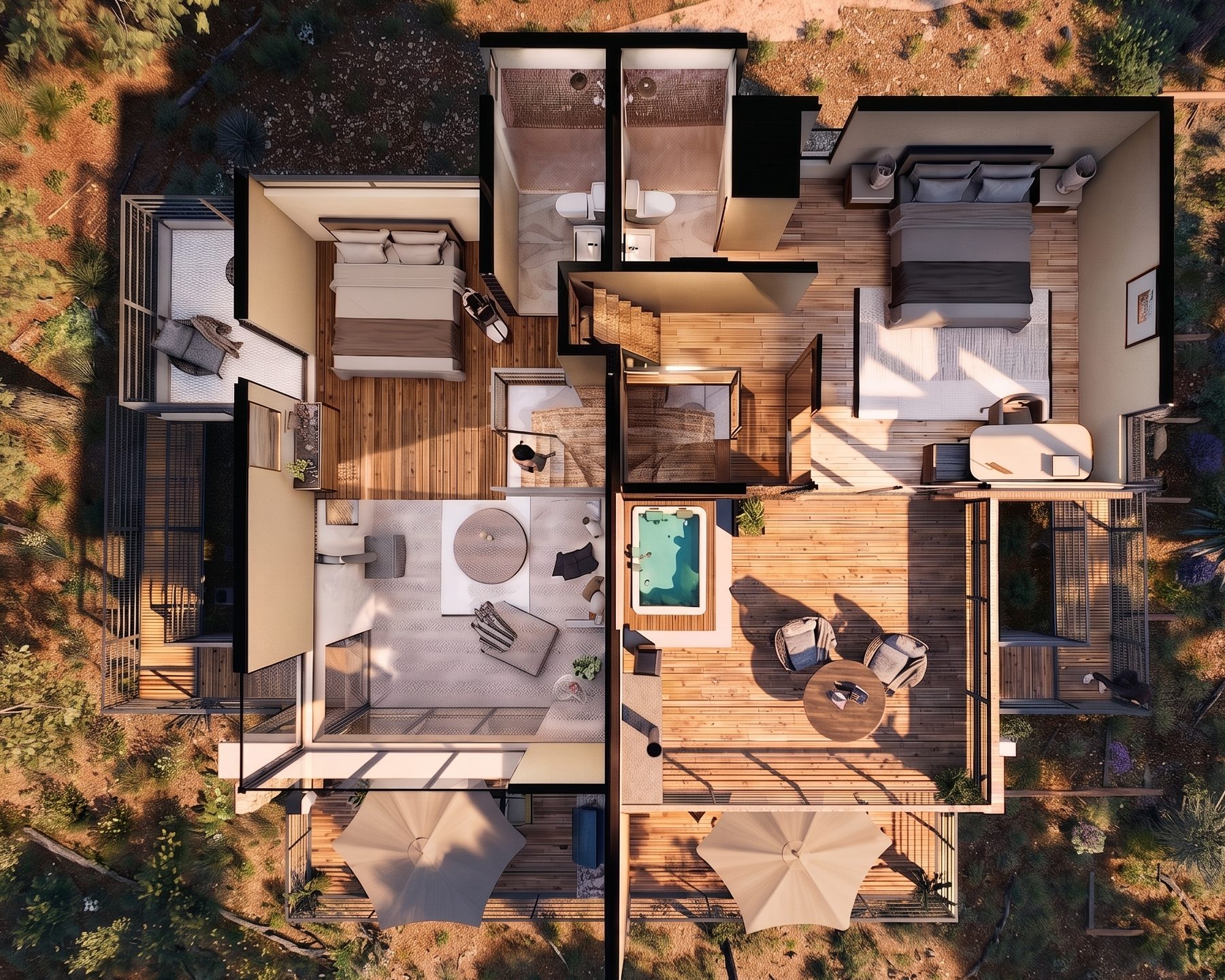 Planta alta del módulo con recámaras, terrazas y jacuzzi