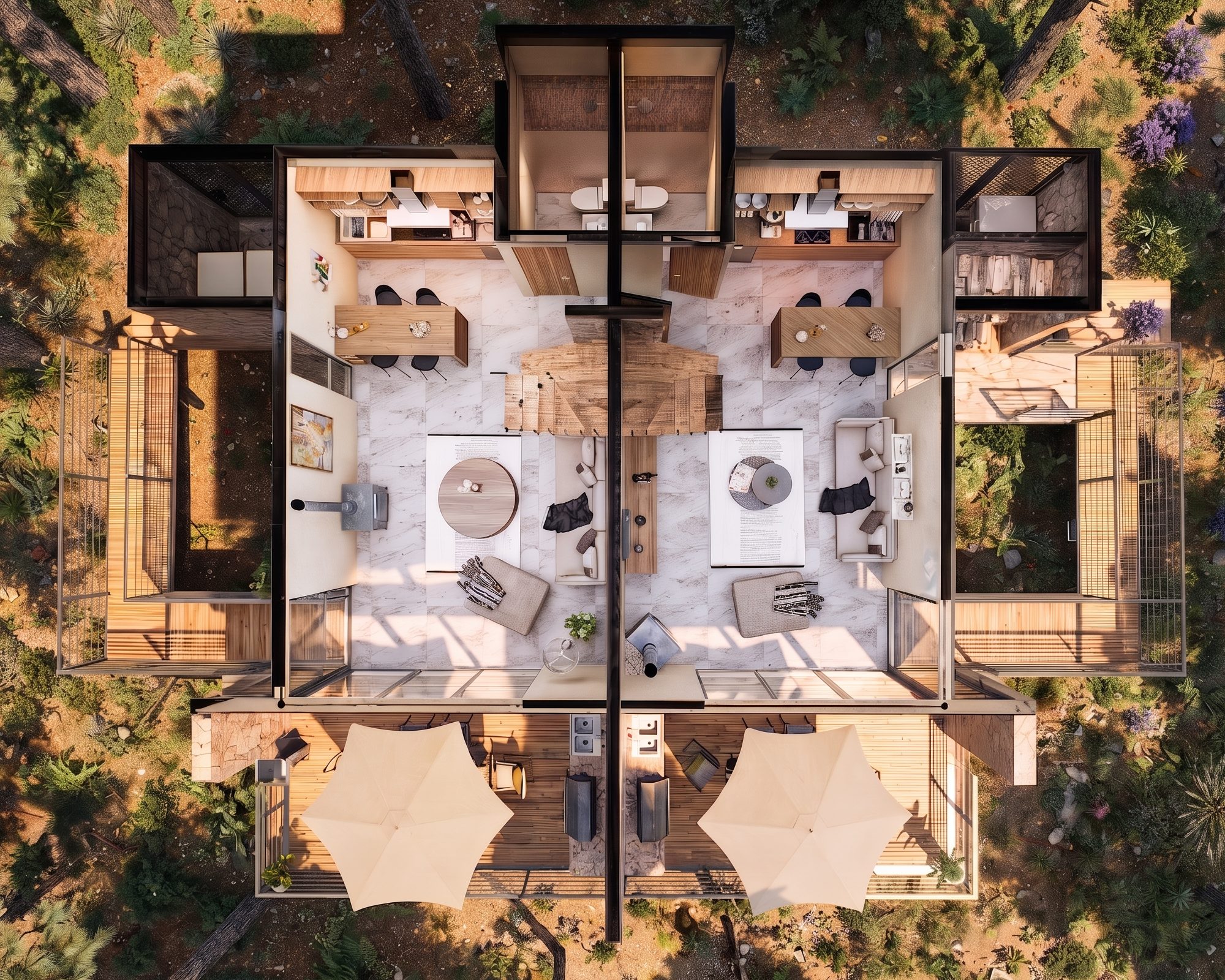 Planta baja del módulo: loft para 4 a la izquierda y casa para 8 a la derecha