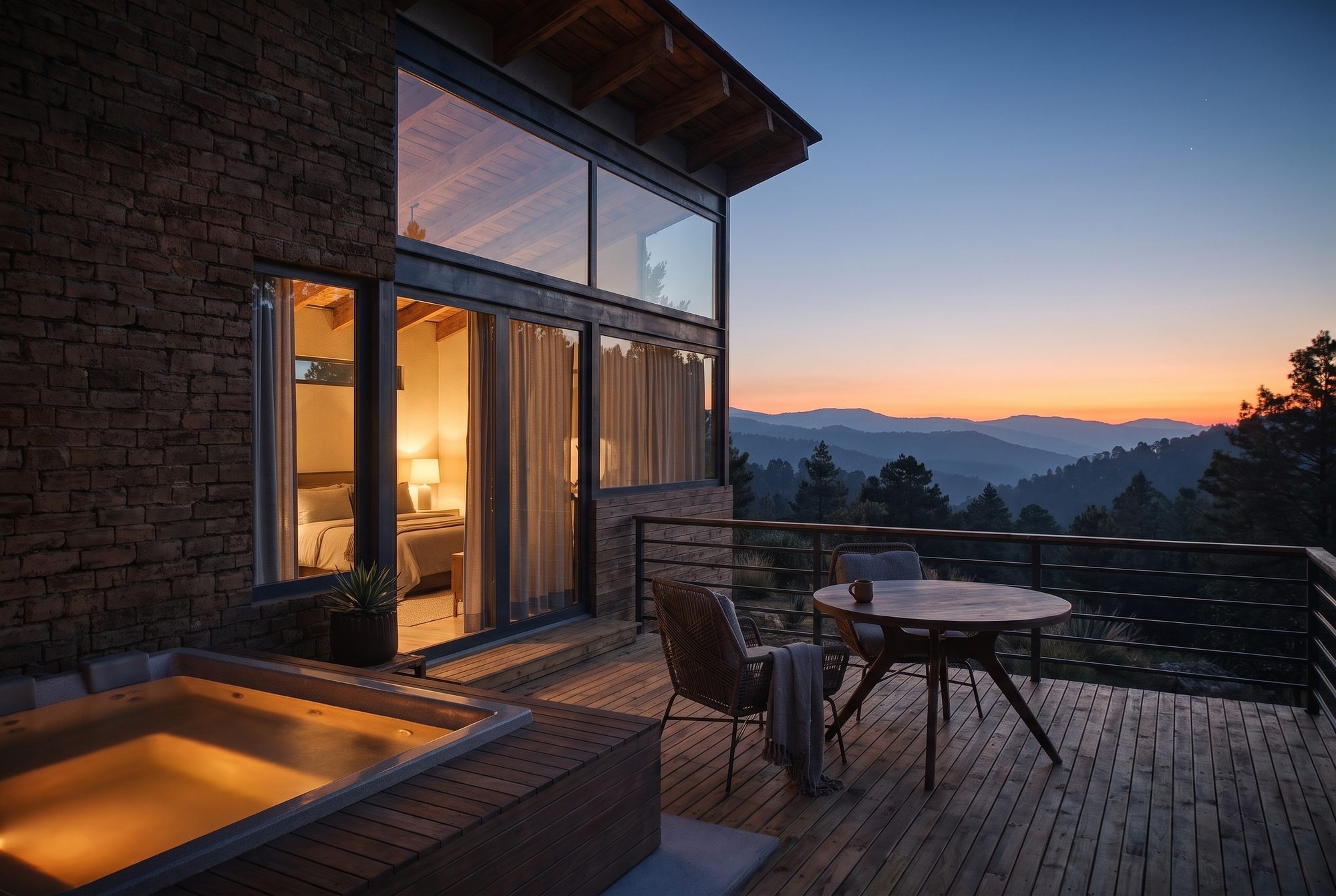 Terraza con jacuzzi al atardecer, con vista a la sierra