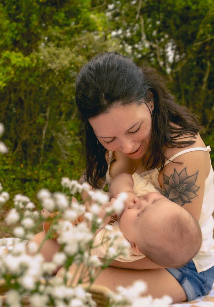 Mother and baby with flowers