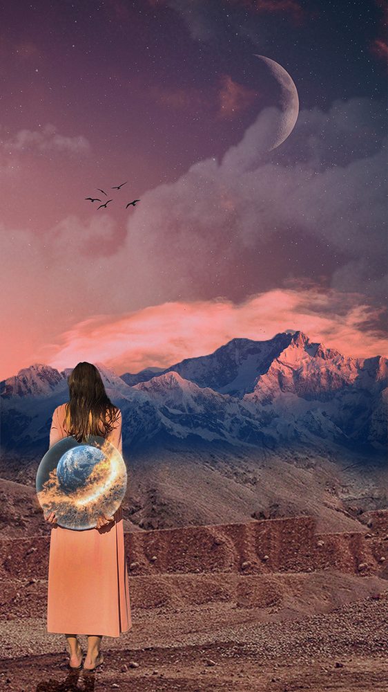 Woman with moon over mountains