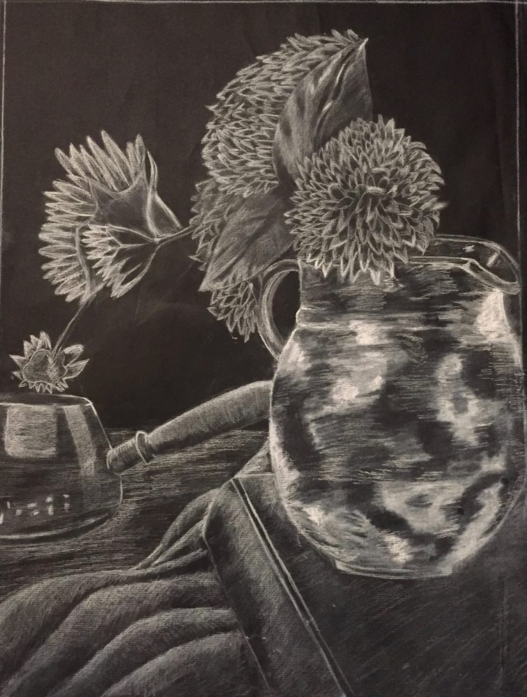 Still life with flowers and glass, scratchboard