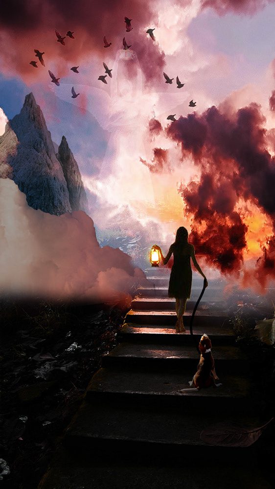 Stairway into fire and clouds
