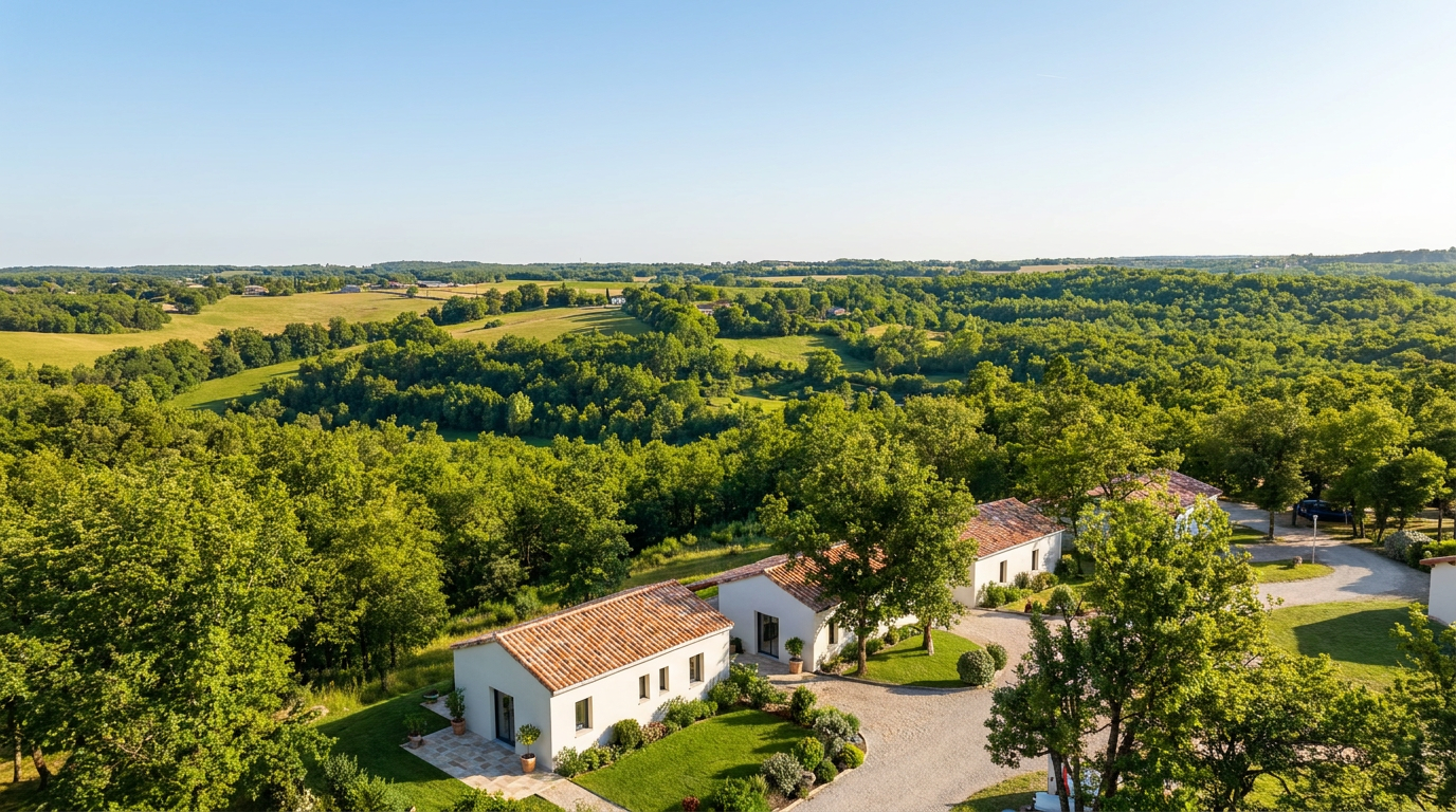 Luchtfoto van Village des Cigales met het dal op de achtergrond