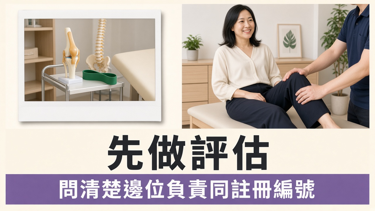 旺角物理治療評估：物理治療師喺治療床旁邊用膝關節模型同病人解釋