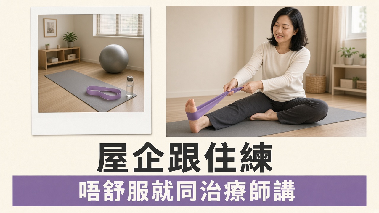 旺角物理治療家居運動：病人喺屋企用瑜伽波同彈力帶做治療師教嘅伸展