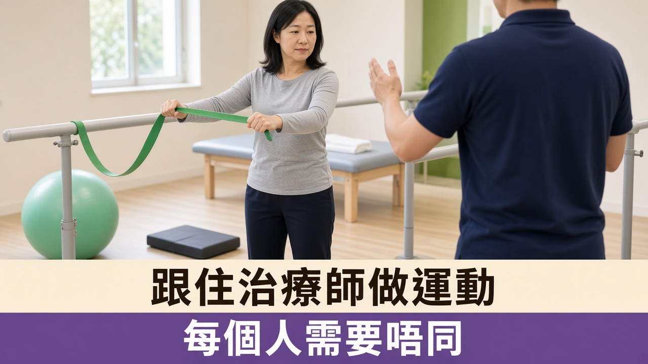 旺角運動治療：病人喺平衡杠之間用彈力帶做訓練，物理治療師喺旁邊指導