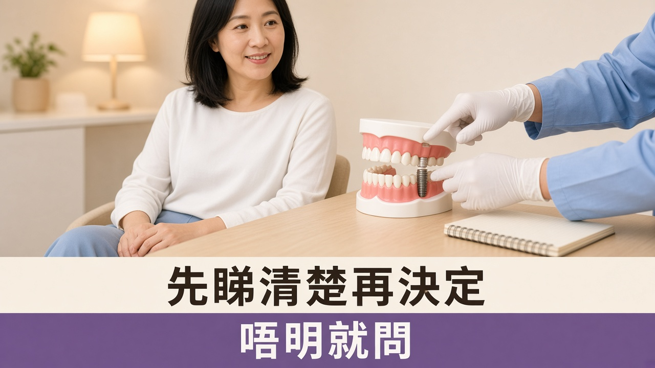 尖沙咀植牙：女士坐喺牙科診所接待處，望住牙醫用牙齒模型講解