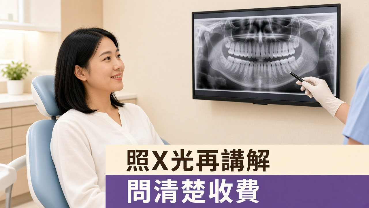 尖沙咀植牙：女士坐喺牙科椅上，牙醫指住屏幕上嘅牙齒 X 光片講解