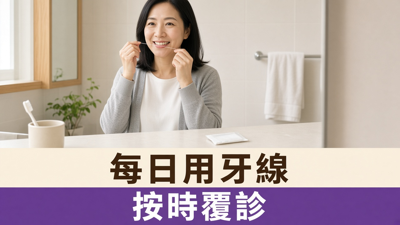 北角牙醫：女士喺屋企浴室鏡前用牙線清潔牙齒