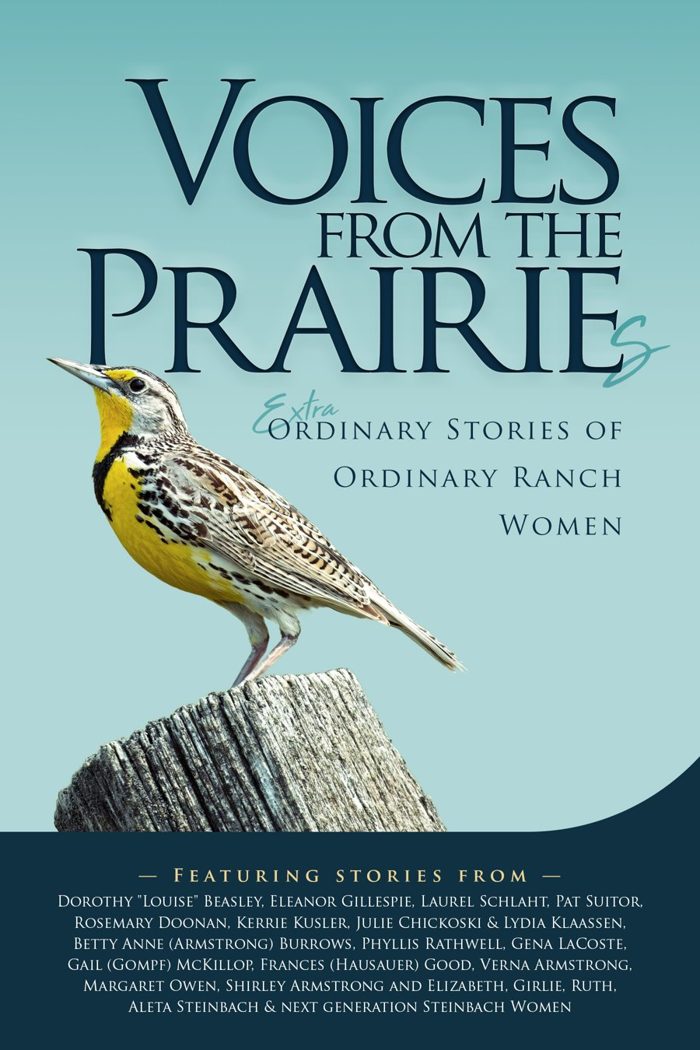 Cover of Voices From the Prairies: a western meadowlark perched on a weathered fence post against a pale teal prairie sky.