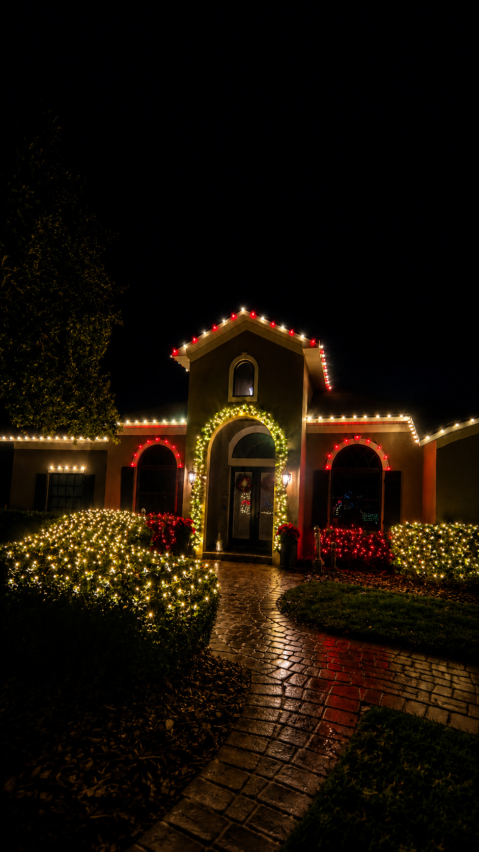 Professionally installed illuminated Christmas garland decorating a home