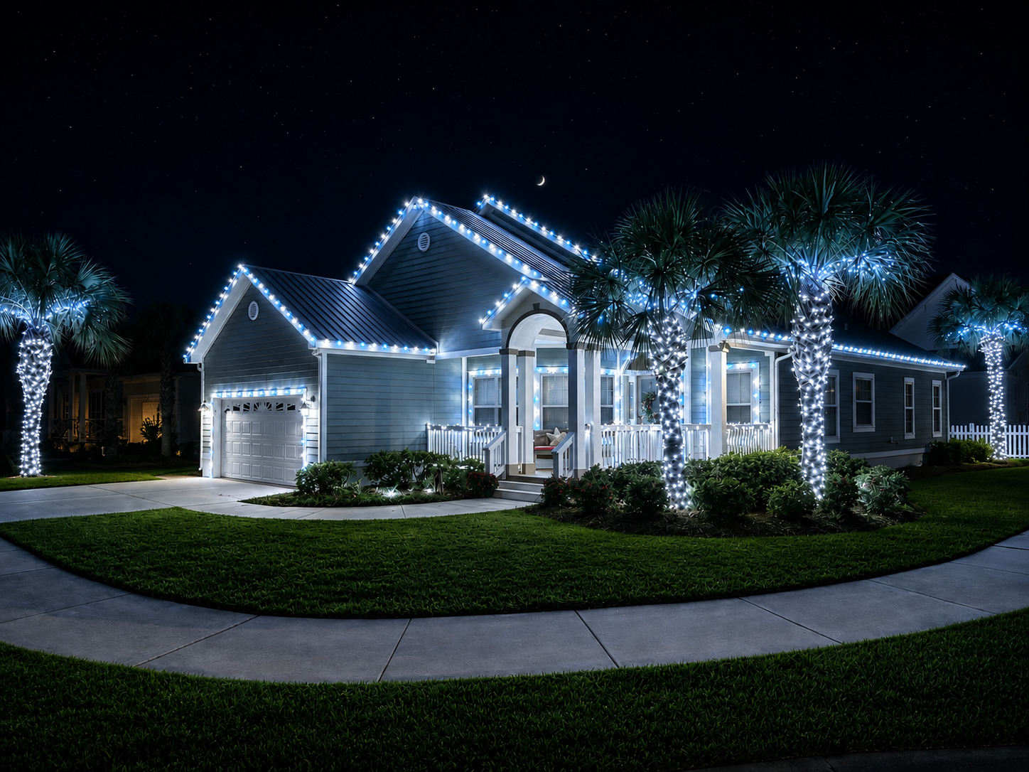 Professional Christmas roofline lighting installed on a Florida home