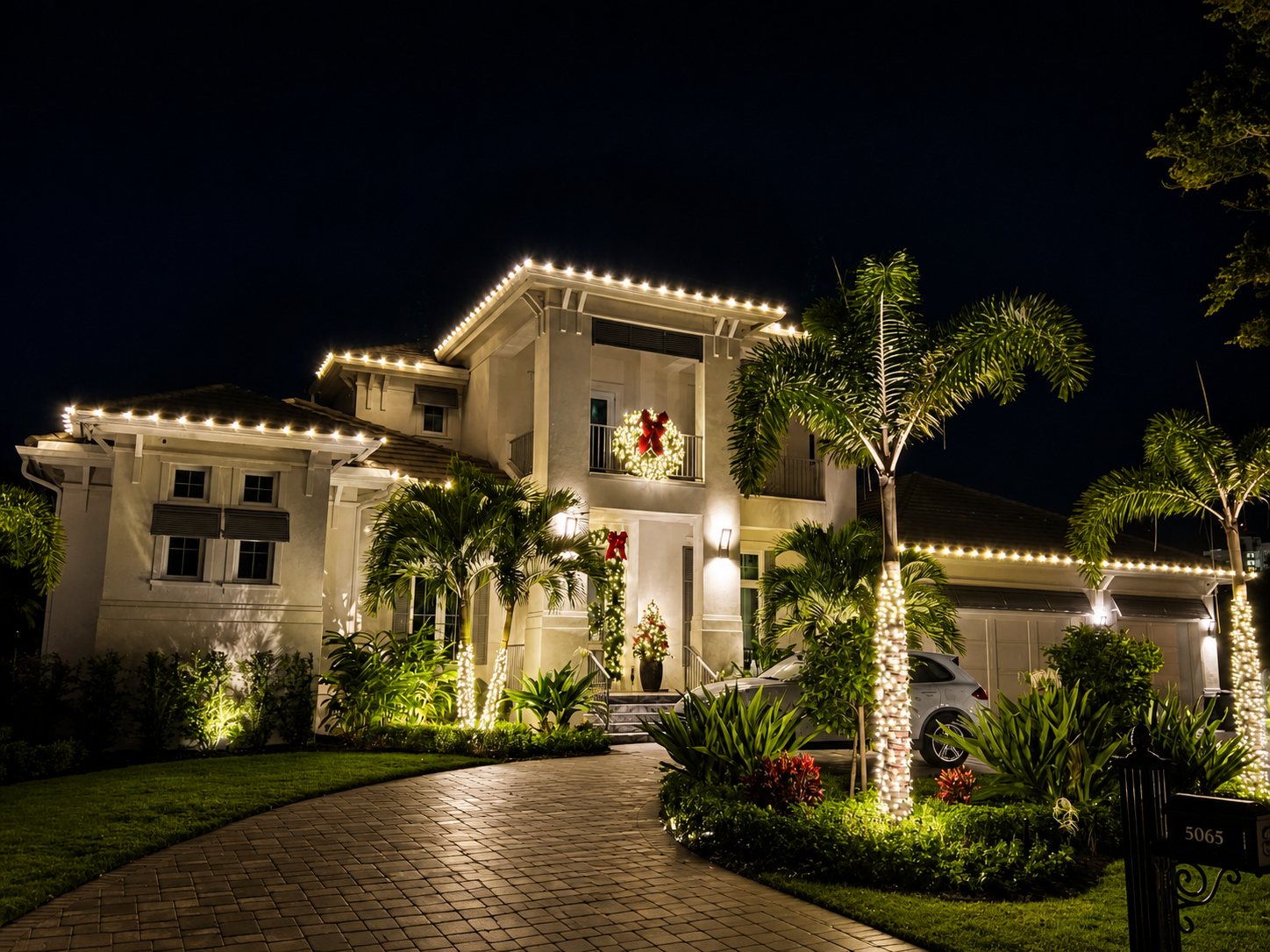 Professionally installed illuminated Christmas wreath decorating a home
