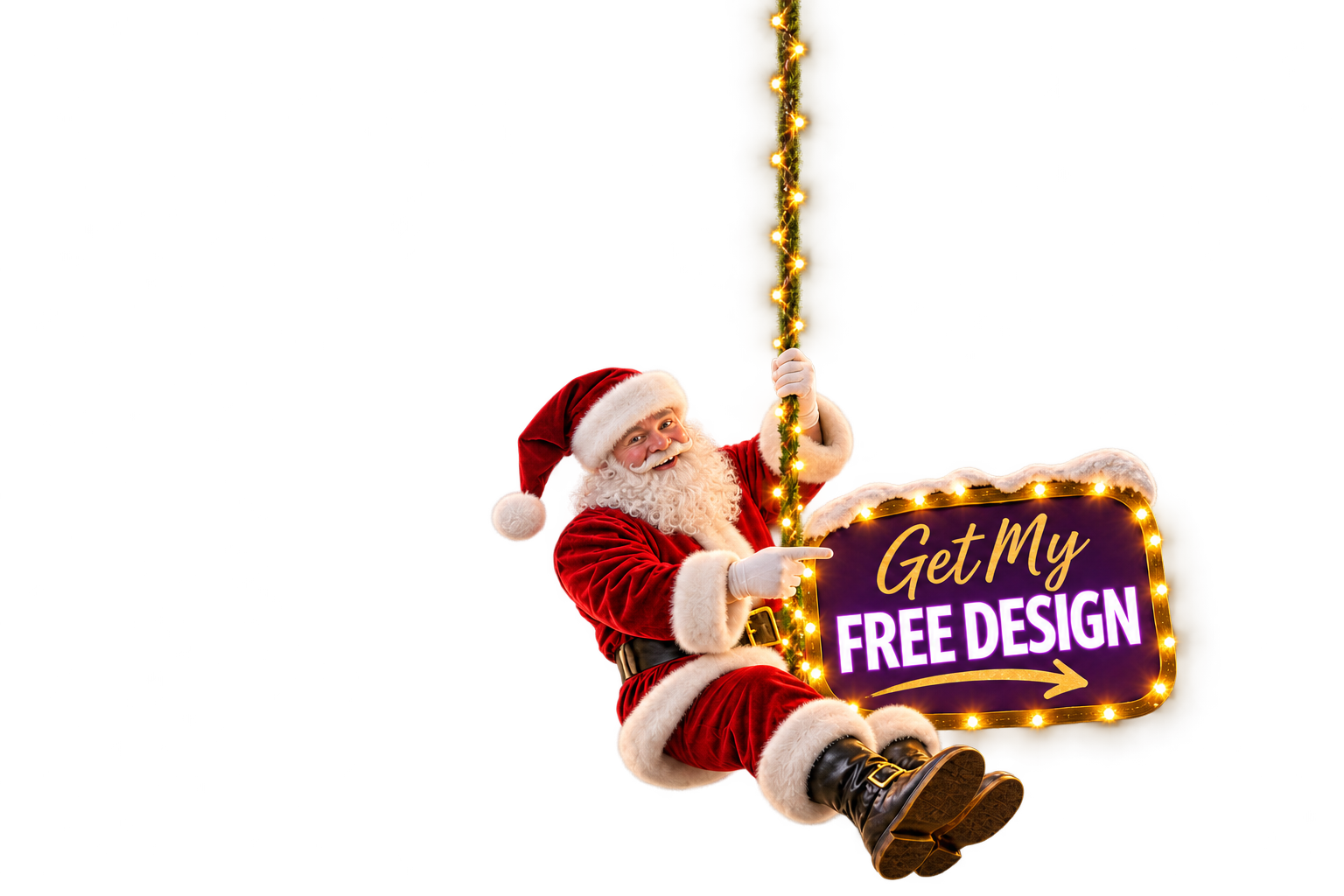Santa holding a glowing Get My Free Design sign