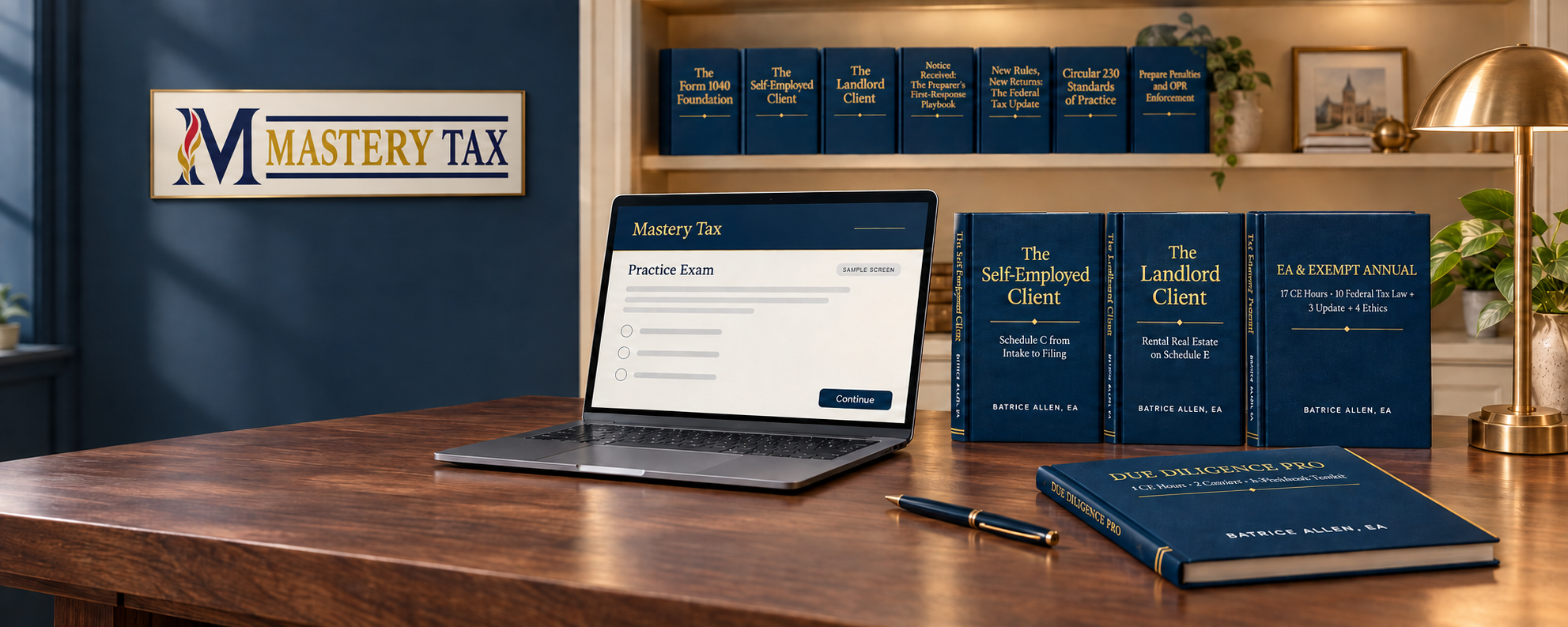 Mastery Tax books and a computer displaying a sample practice exam