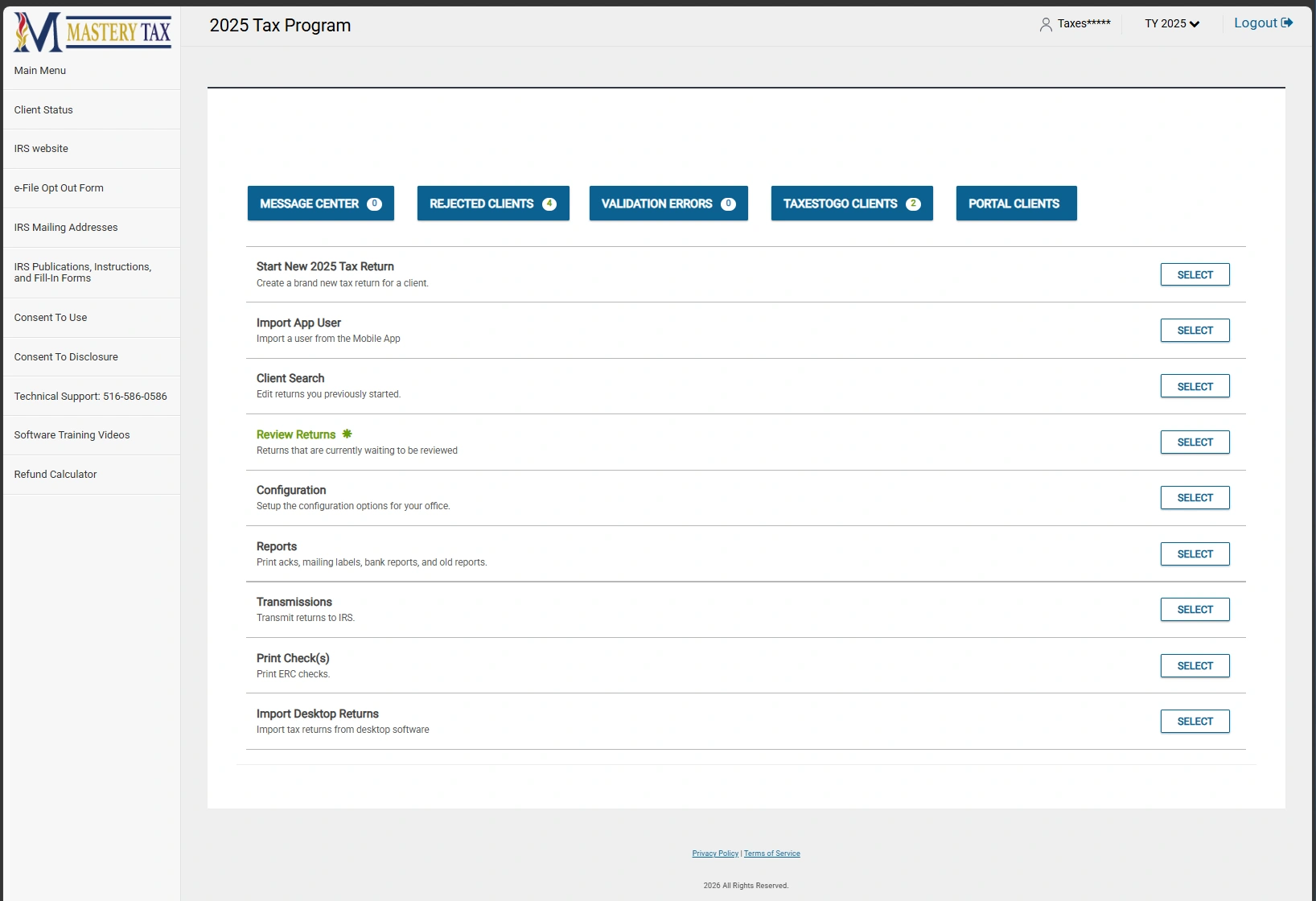Branded Mastery Tax workspace with return tools, configuration, reports, training videos, and refund calculator