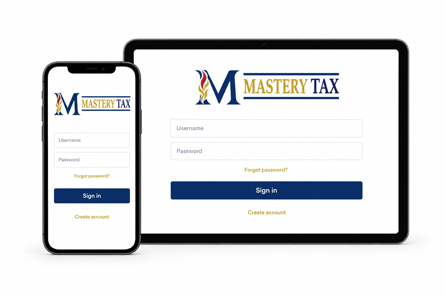 Illustrative Mastery Tax client sign-in mockup on a freestanding phone and tablet, without a hand