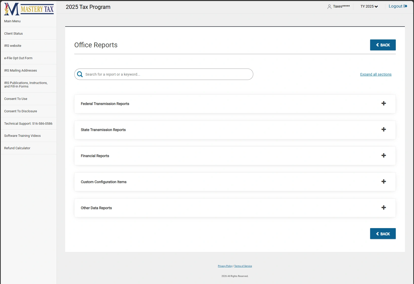 Mastery Tax Office Reports screen with federal and state transmission, financial, custom configuration, and other data report categories