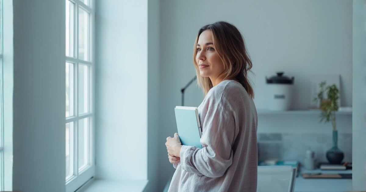 Female solopreneur reflecting in a calm home office, representing organised and easeful business