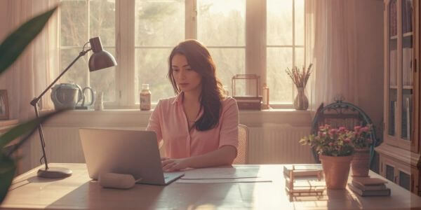 Woman concentrating at her desk Woman concentrating at her desk