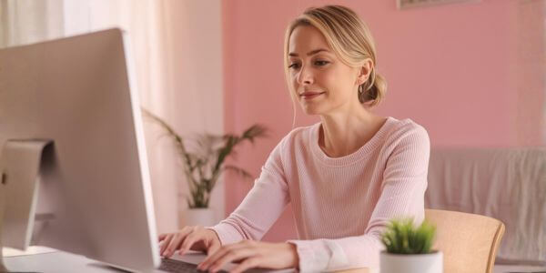 ClickUp setup for solopreneurs - woman at calm home desk.